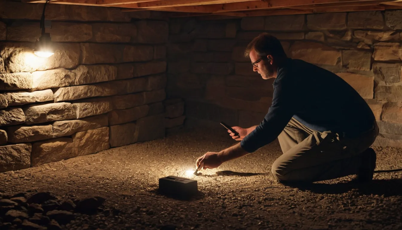 A provider checks a stone foundation wall in a basement for pest entry points in the Sayreville area