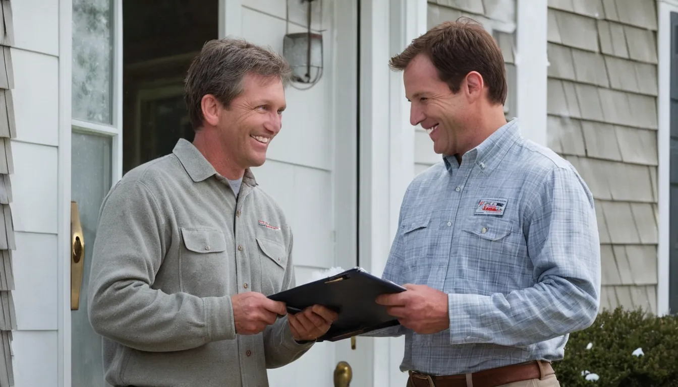 A homeowner in Sayreville talks with a friendly pest control provider at the front door of a Cape Cod style house